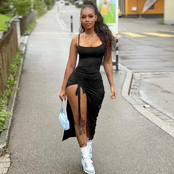 Women's Maxi Dress Polyester Ruched Side Slit Clubwear Casual Evening - Picture 2 of 4